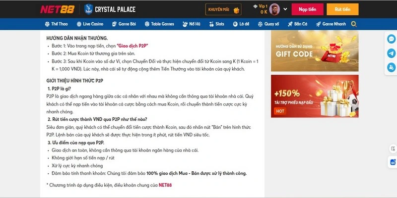 Cách nhận 888k tiền thưởng khi nạp qua P2P