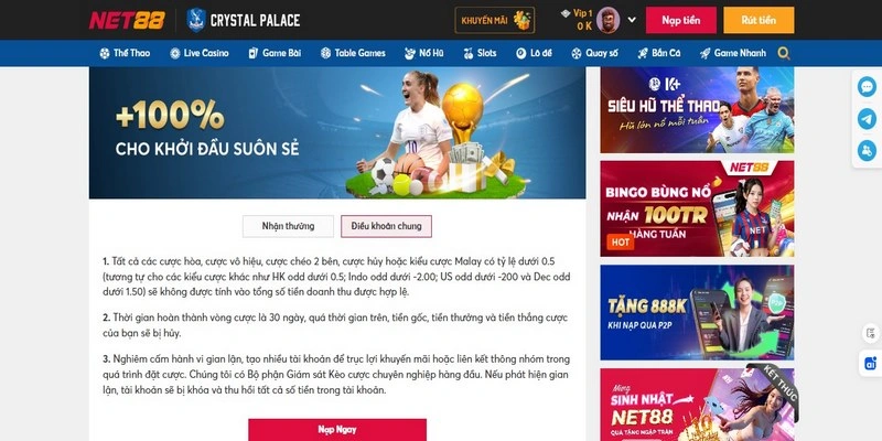 Điều kiện nhận khuyến mãi nạp đầu 100%