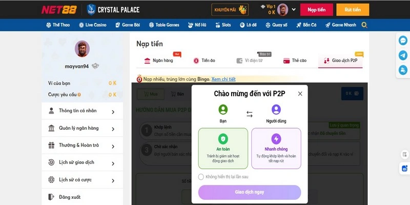 Hình thức P2P tại Net88 giao dịch trực tiếp, nhanh chóng và an toàn