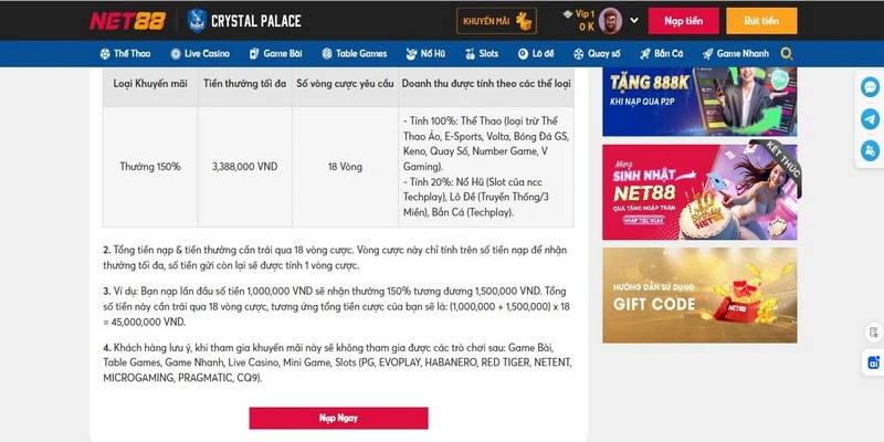 Ưu Đãi Nạp Đầu Net88 - Tặng 150% Số Tiền Tối Đa 3.388K 2 Hướng dẫn nhận thưởng nạp đầu tặng 150% và hoàn tất vòng cược