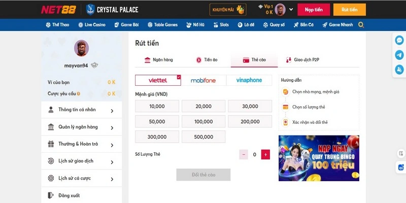 Hướng dẫn rút tiền Net88 tối đa 299.000.000/lần