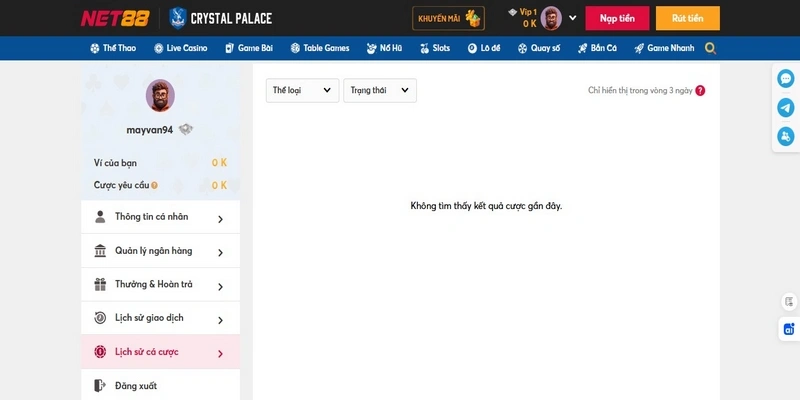 Lịch Sử Cá Cược Net88 Hiển Thị 3 Ngày - Minh Bạch Rõ Ràng 1 Lịch sử cá cược Net88 chỉ hiển thị trong 3 ngày