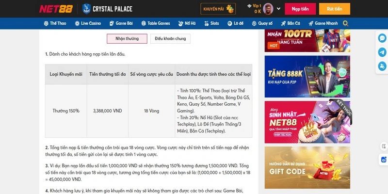 Ưu Đãi Nạp Đầu Net88 - Tặng 150% Số Tiền Tối Đa 3.388K 1 Net88 khuyến mãi nạp đầu tặng 150% tối đa 3.388k